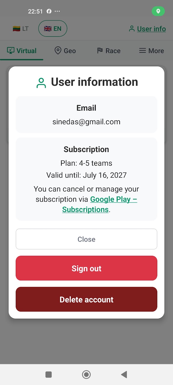 Account deletion screen